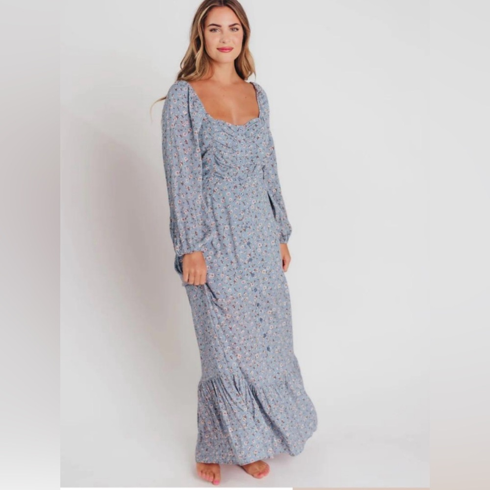 3/4 Sleeve Button-Up Maxi Dress in Ash Blue Bump and Nursing Friendly - Small